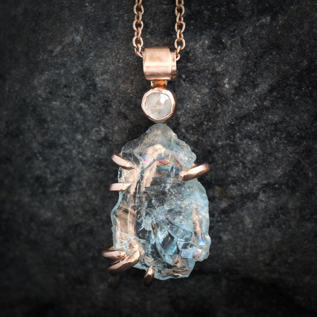 Raw Aquamarine Crystal and Diamond Necklace