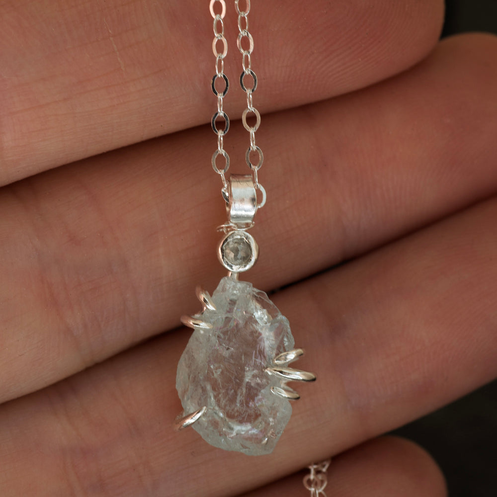 Raw Aquamarine Crystal and Diamond Necklace