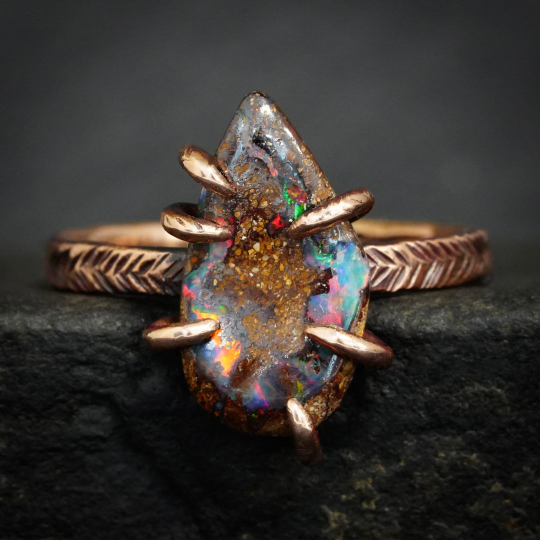Boulder Opal Ring. Pear Shape Australian Boulder Opal Ring. Unique Rustic Natural Prong Set Australian Boulder Fire Opal Fire Statement Ring