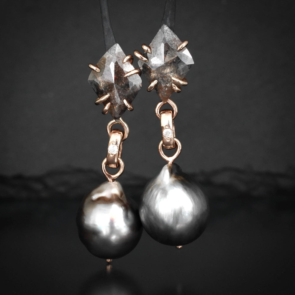 RTS 14k Rose Gold Black Pearl and Diamond Earrings