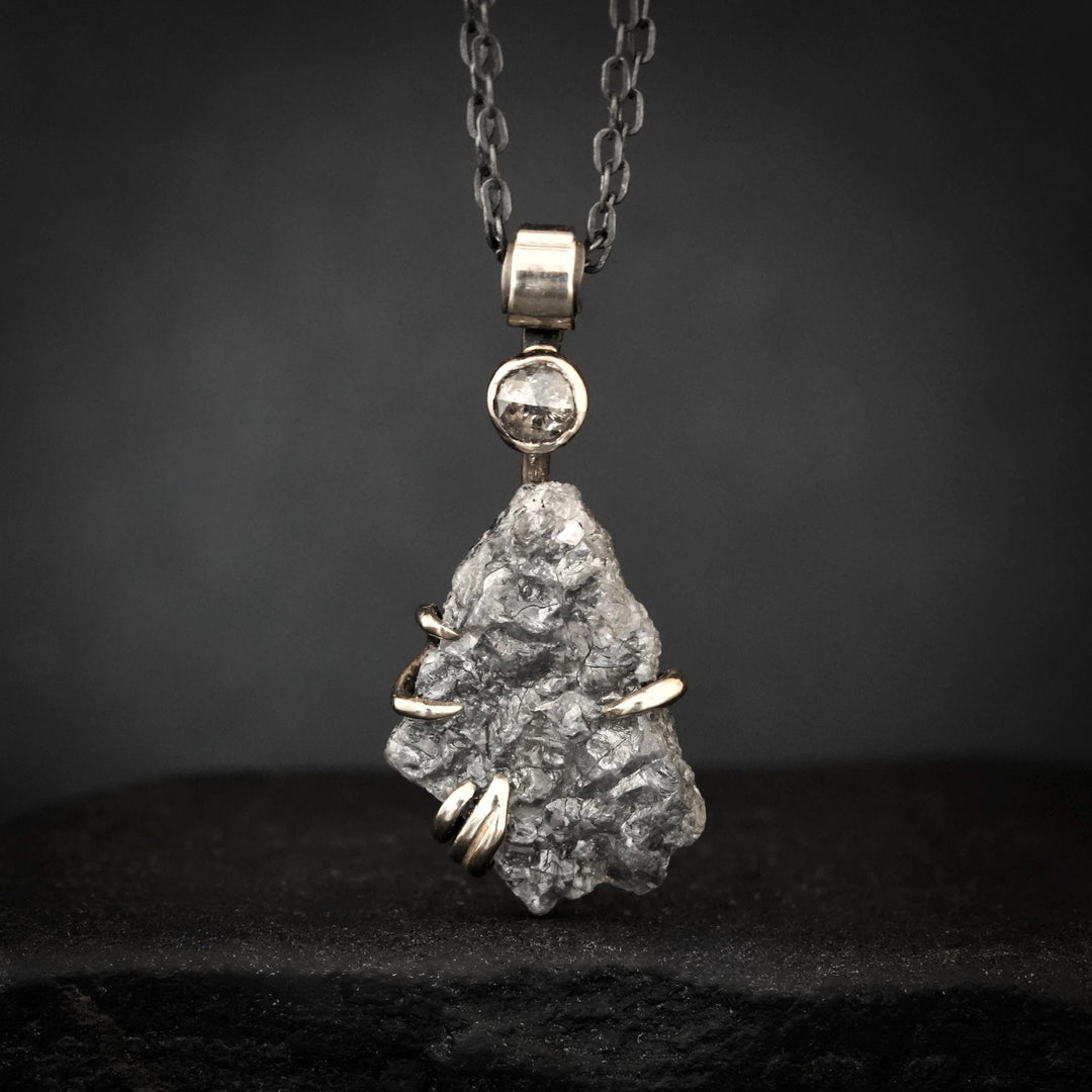 RTS 18k White Gold and Oxidised Sterling Silver Raw Uncut and Rose Cut Salt and Pepper Grey Diamond Necklace.