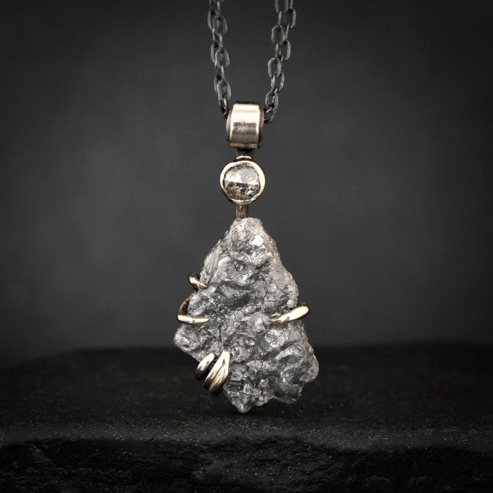 RTS 18k White Gold and Oxidised Sterling Silver Raw Uncut and Rose Cut Salt and Pepper Grey Diamond Necklace.