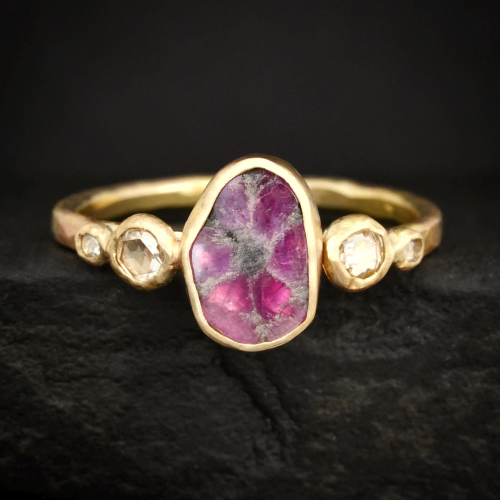 Trapiche Ruby Ring. Matte Yellow Gold Oval Bezel Set Natural Trapiche Ruby Slice and Diamond Engagement Ring. Nature Inspired Raw Ruby Ring