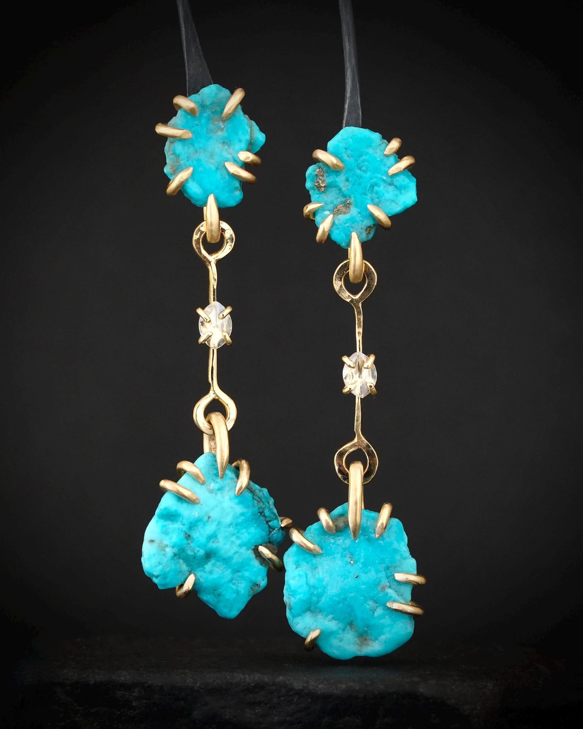 Gold Sleeping Beauty Turquoise and Diamond Statement Drop Earrings
