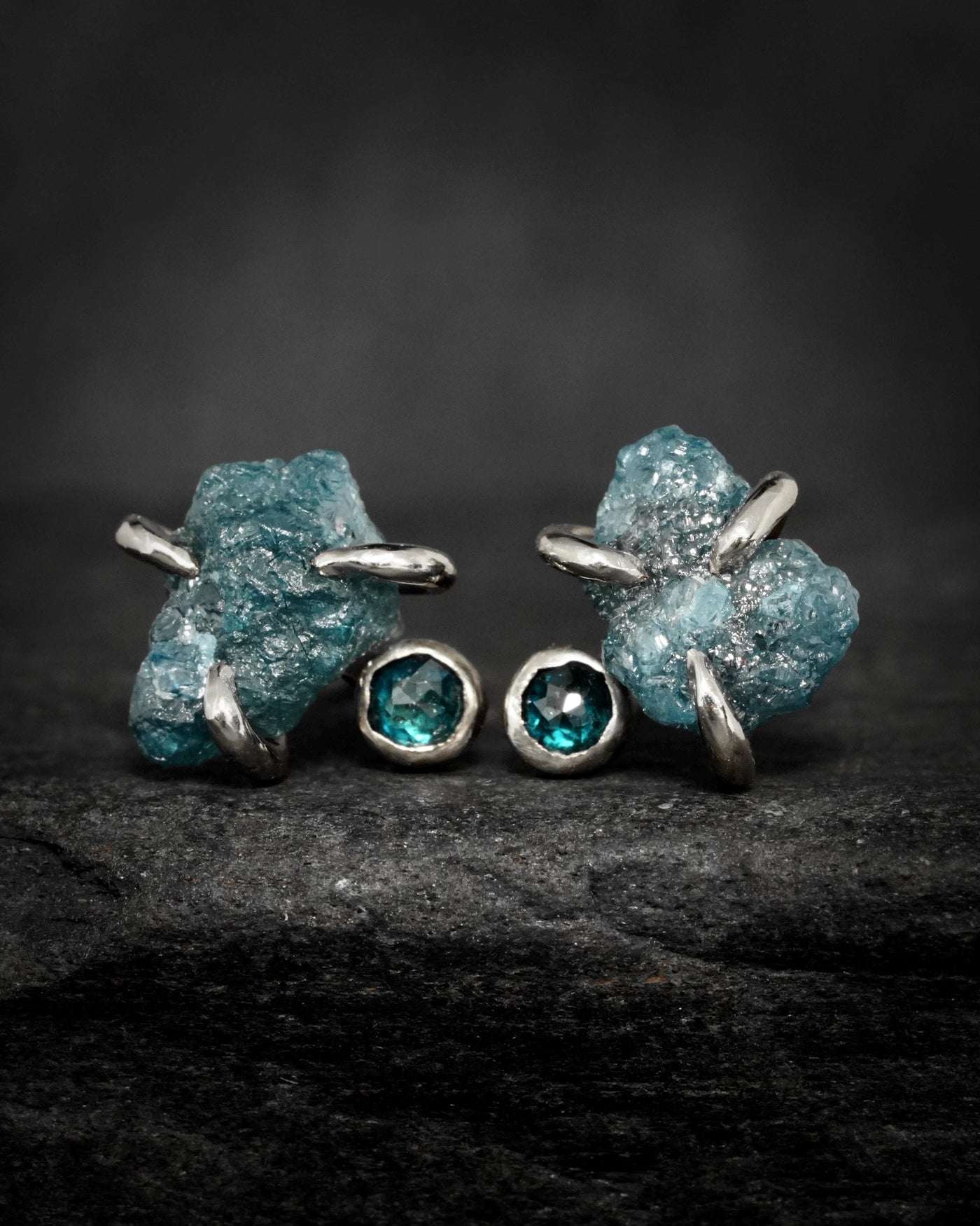 White Gold Raw Blue Diamond Studs