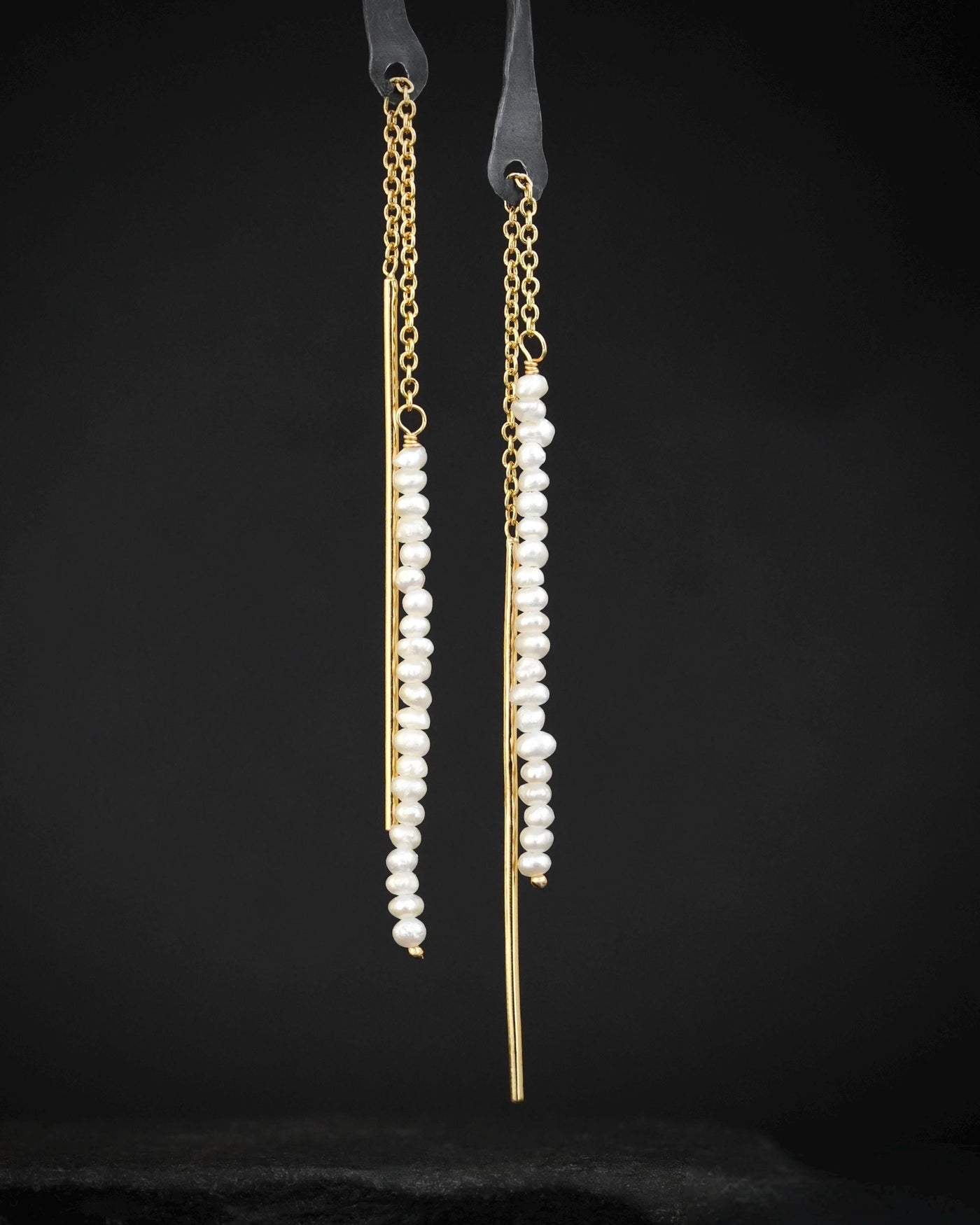 Yellow Gold White Pearl Chain Earrings