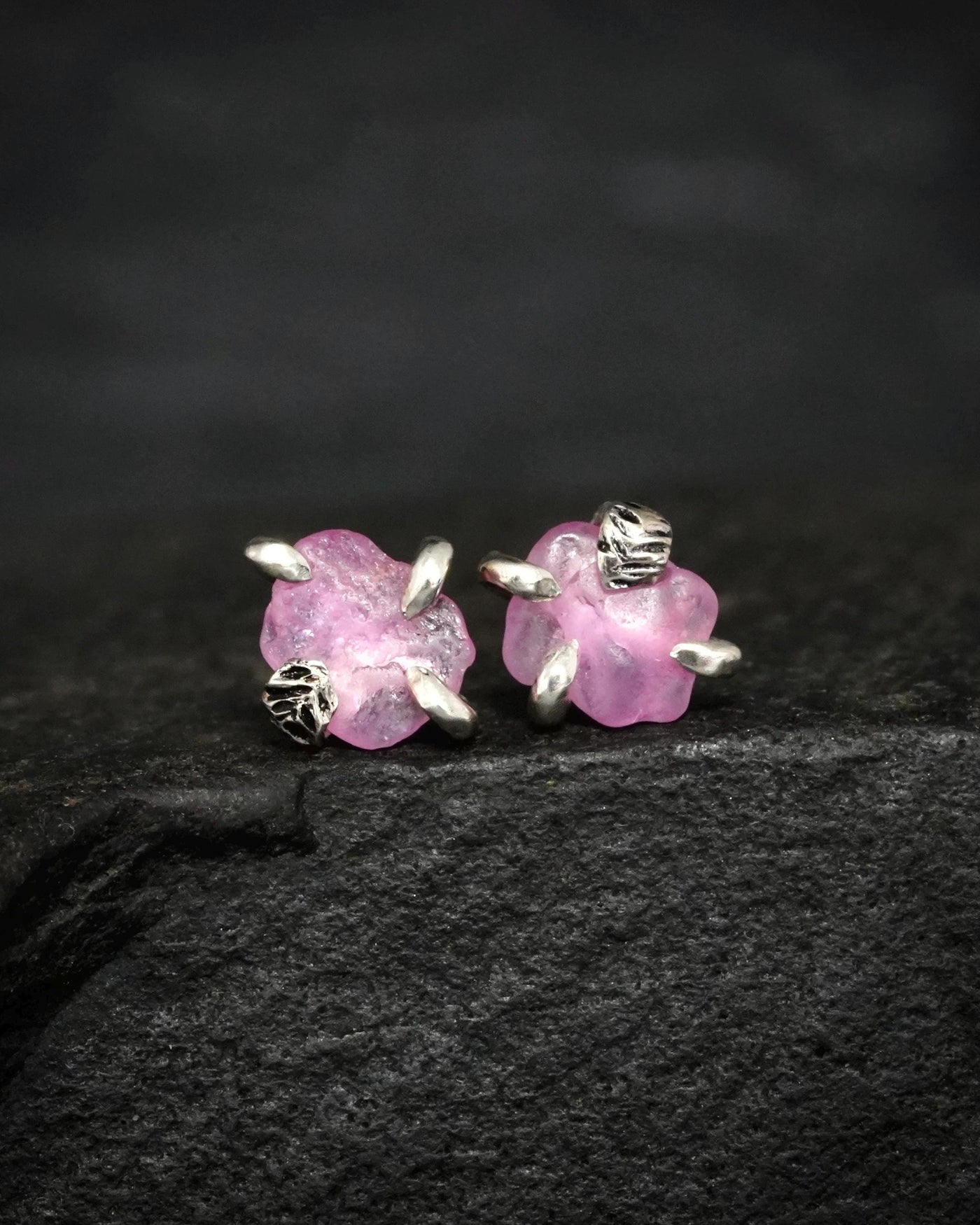 Silver Raw Bright Pink Sapphire Studs