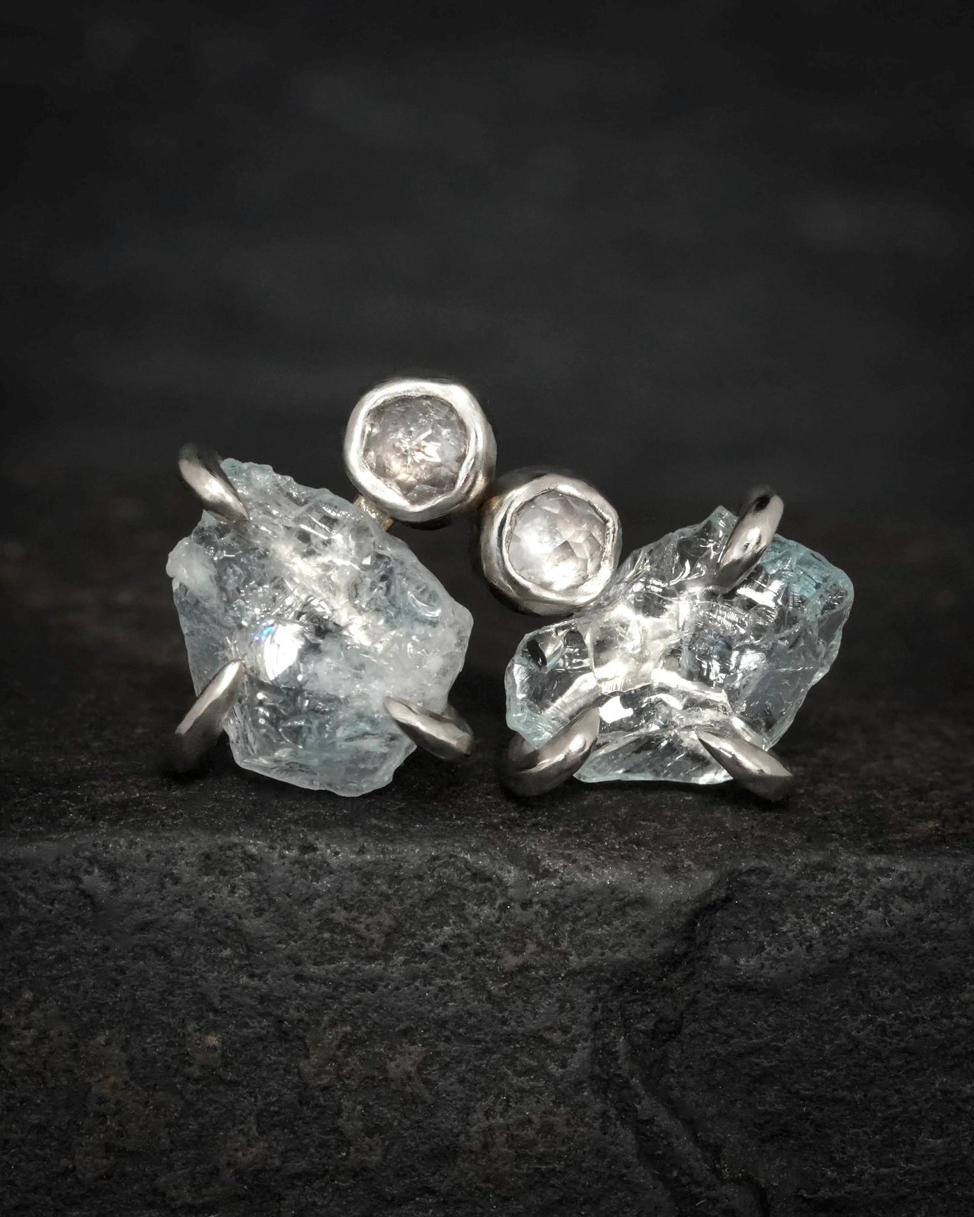 Raw Aquamarine and White Diamond Studs