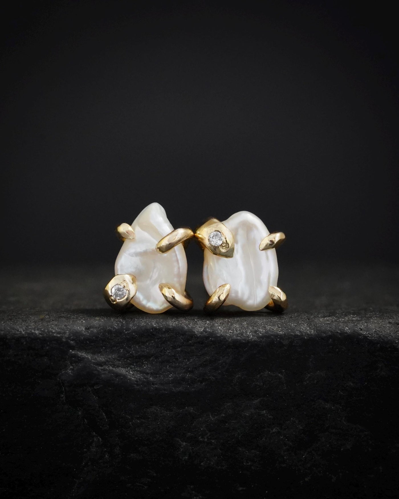 Yellow Gold White Baroque Pearl and Diamond Studs
