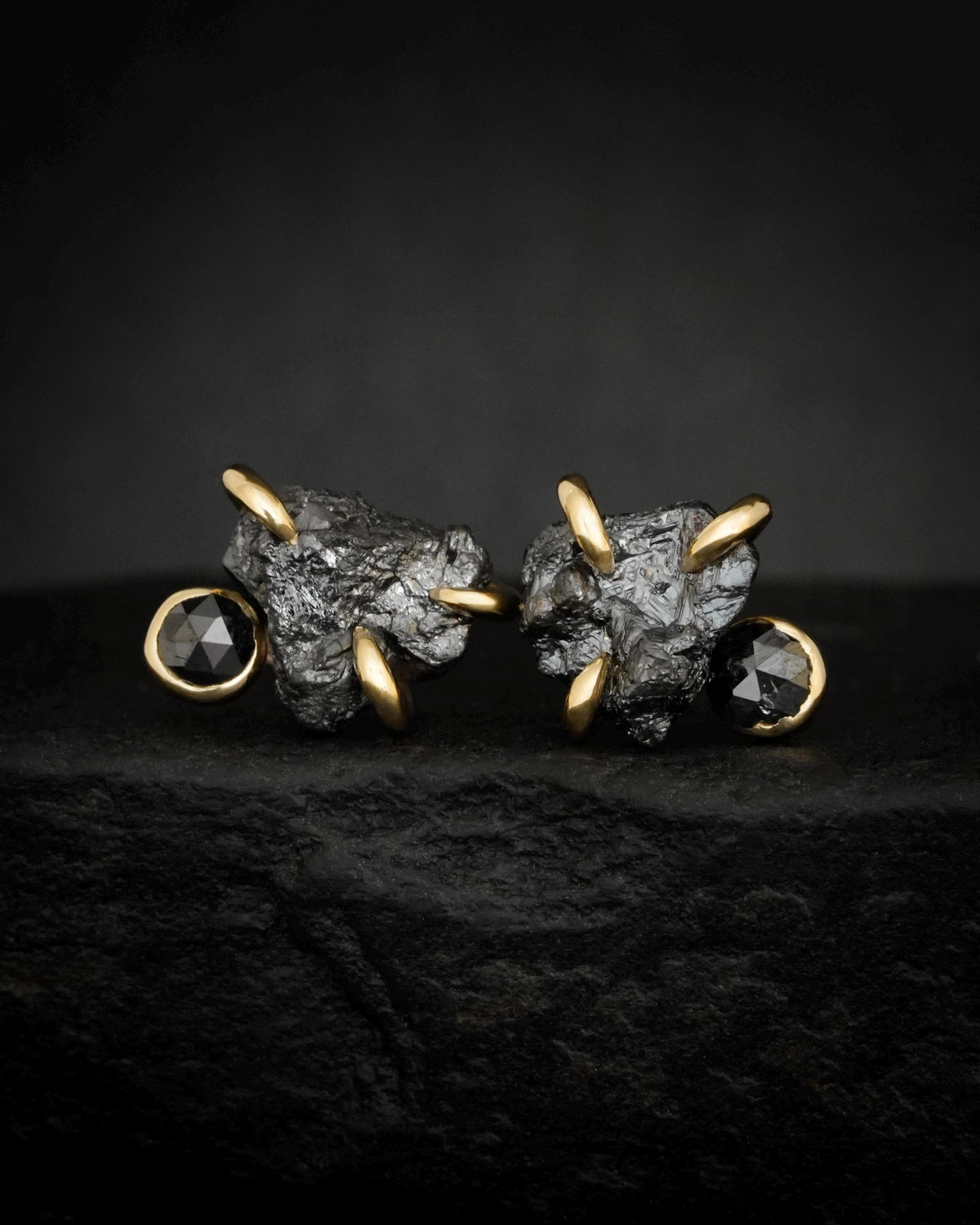 Yellow Gold Raw and Cut Black Diamond Studs