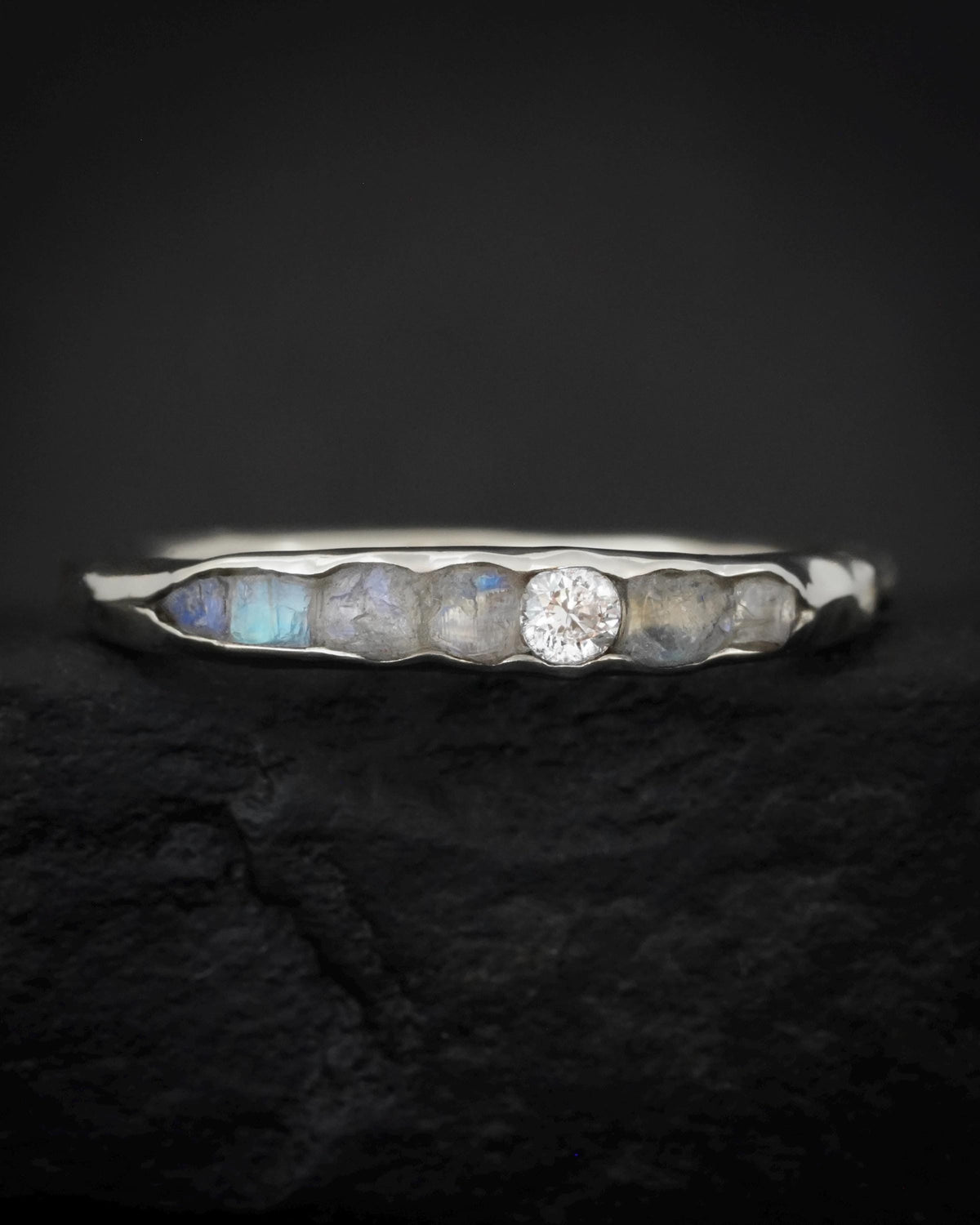 Raw Rainbow Moonstone and Brilliant Cut Diamond Ring