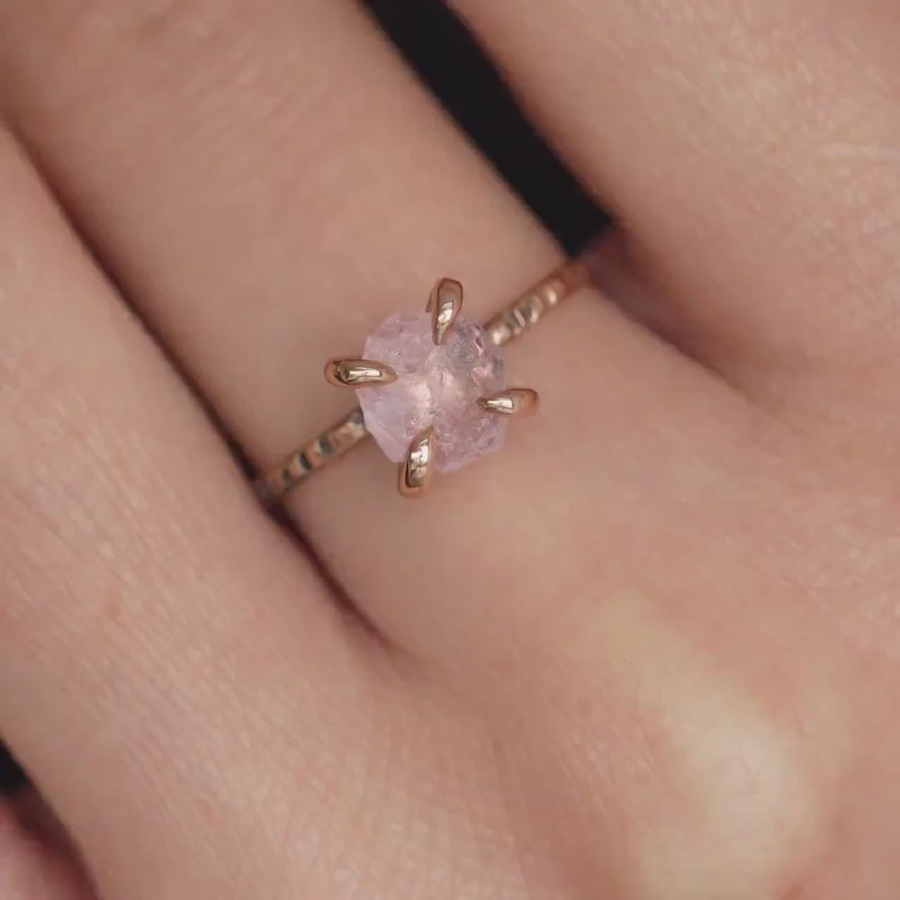 Raw Morganite Crystal Ring.Rustic Organic Raw Rough Uncut Natural Pink Gemstone 4 Prong Set Textured Band Morganite Crystal Engagement Ring