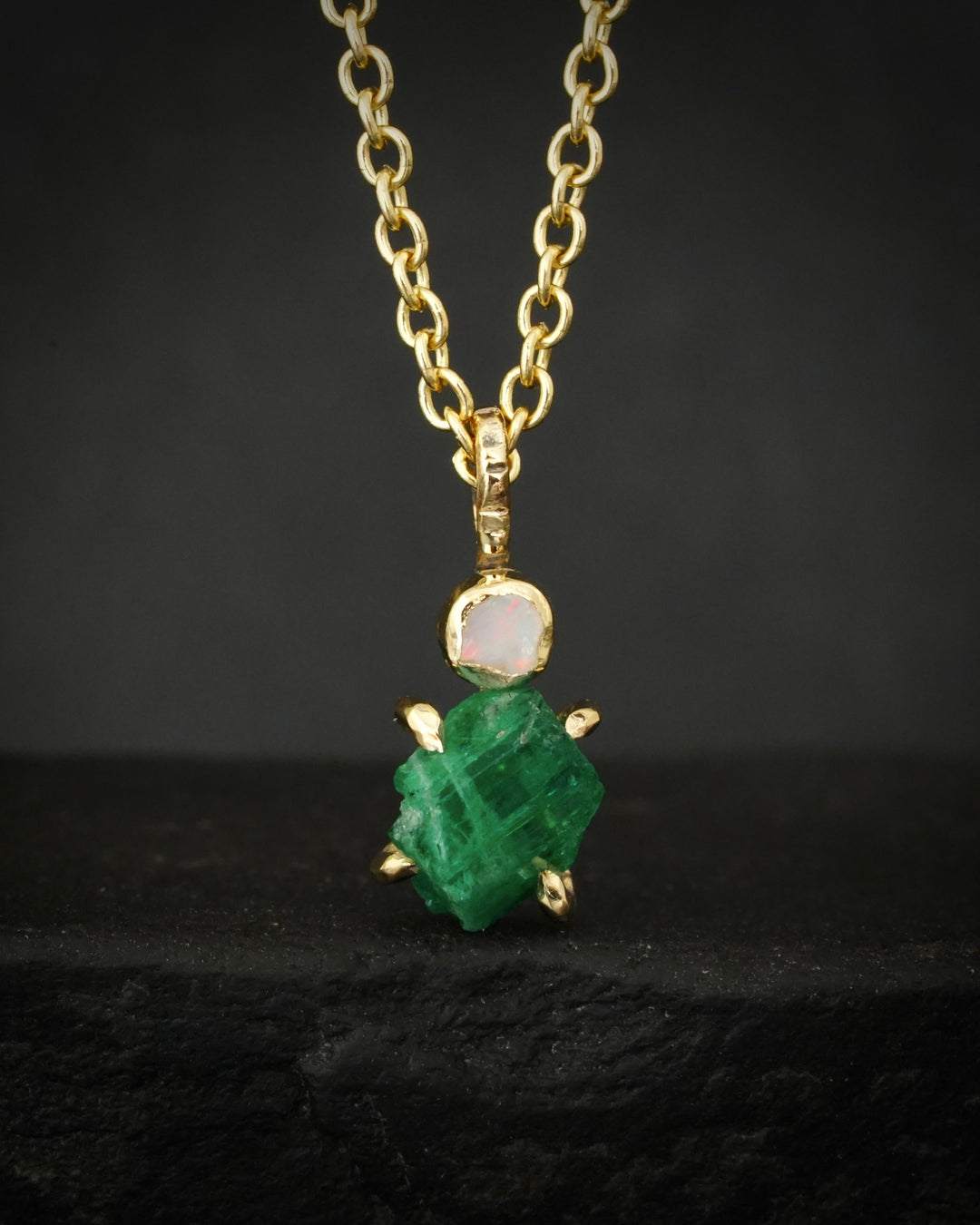 Raw Emerald and Opal Necklace