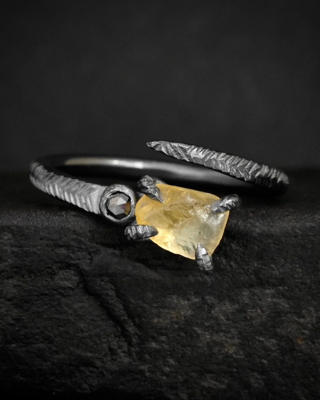 Raw Yellow Sapphire and Diamond Ring
