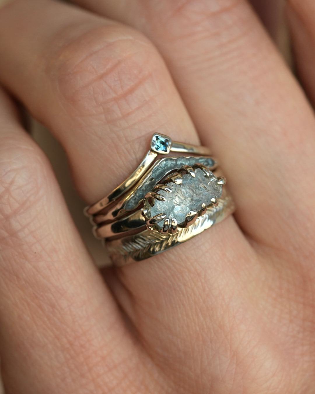 Unique Raw Aquamarine Wave Ring