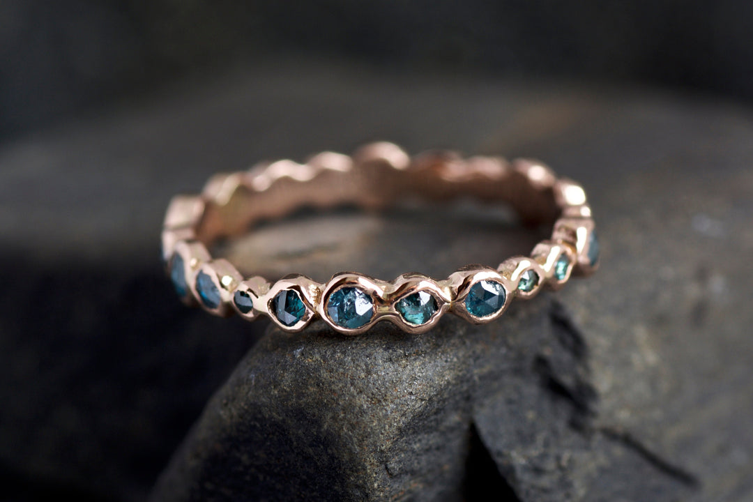 Blue Diamond Eternity Bubble Ring. Rose Cut Random Size Round Greenish Blue Diamond Eternity Pebble Wedding Engagement Promise Ring