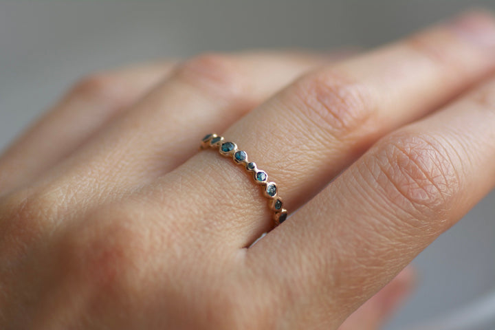 Blue Diamond Eternity Bubble Ring. Rose Cut Random Size Round Greenish Blue Diamond Eternity Pebble Wedding Engagement Promise Ring