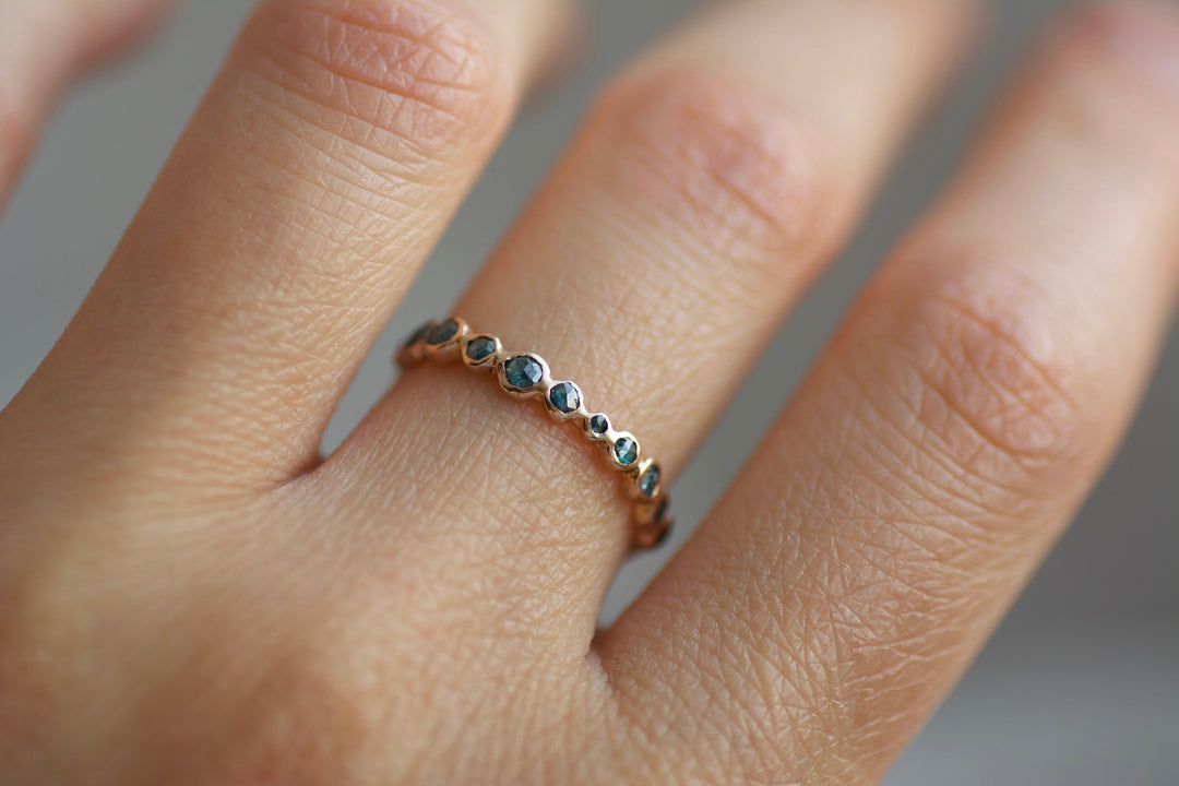 Blue Diamond Eternity Bubble Ring. Rose Cut Random Size Round Greenish Blue Diamond Eternity Pebble Wedding Engagement Promise Ring