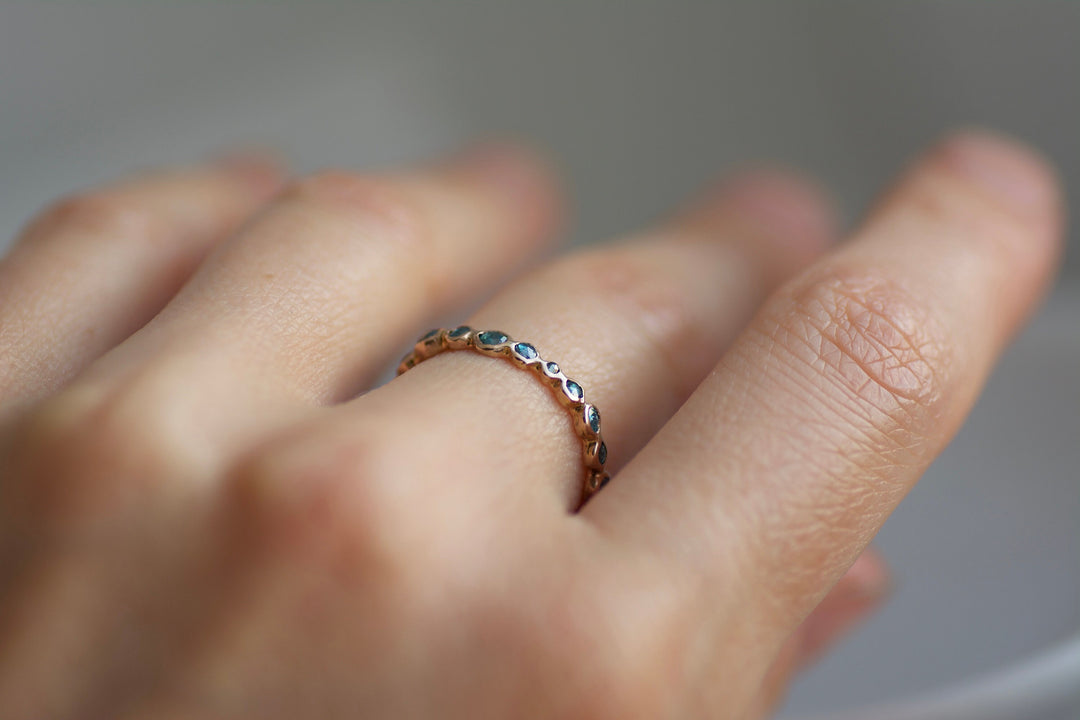 Blue Diamond Eternity Bubble Ring. Rose Cut Random Size Round Greenish Blue Diamond Eternity Pebble Wedding Engagement Promise Ring