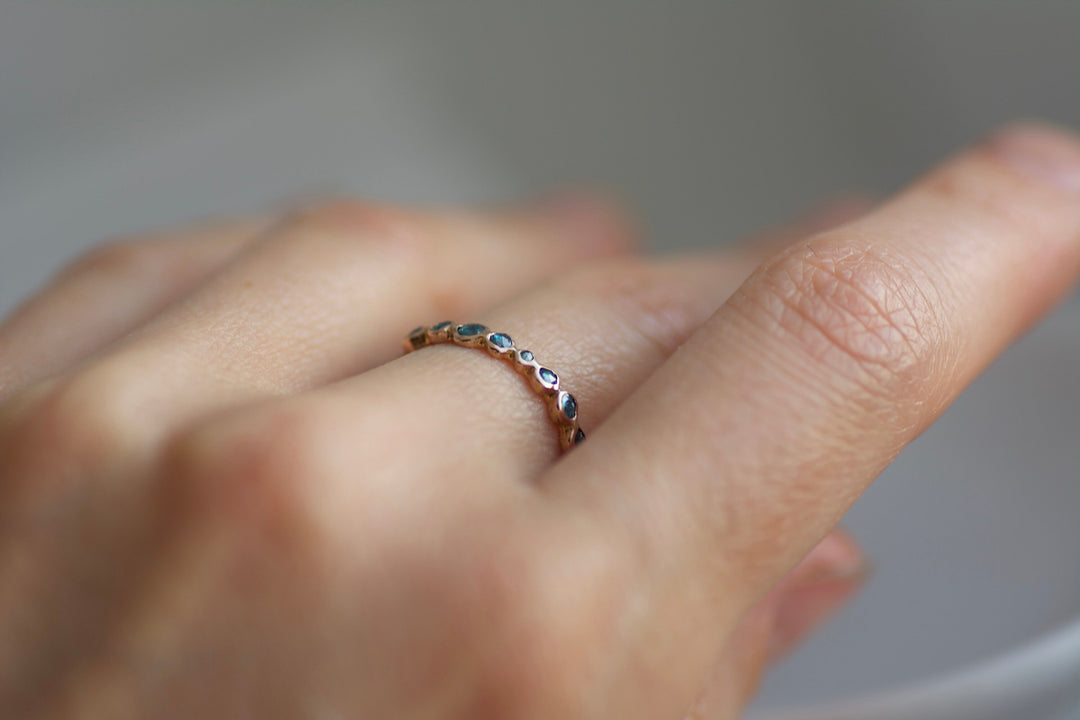 Blue Diamond Eternity Bubble Ring. Rose Cut Random Size Round Greenish Blue Diamond Eternity Pebble Wedding Engagement Promise Ring