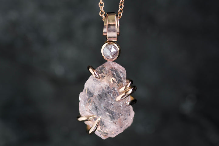 Rustic Morganite and Diamond Necklace Pink Crystal Necklace Natural Pink Stone Necklace Raw Crystal Pendant