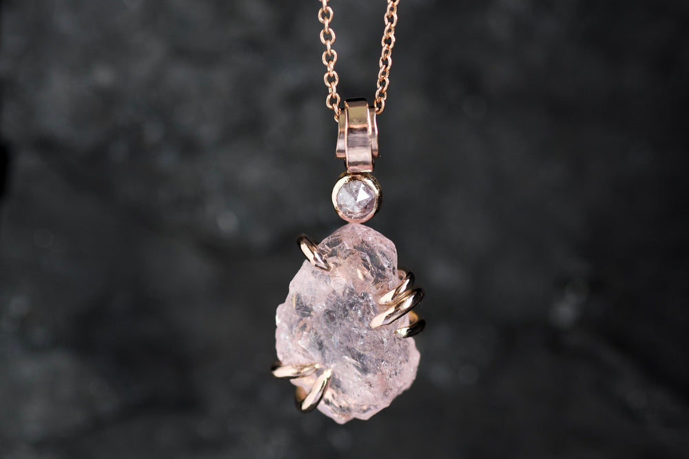 Rustic Morganite and Diamond Necklace Pink Crystal Necklace Natural Pink Stone Necklace Raw Crystal Pendant