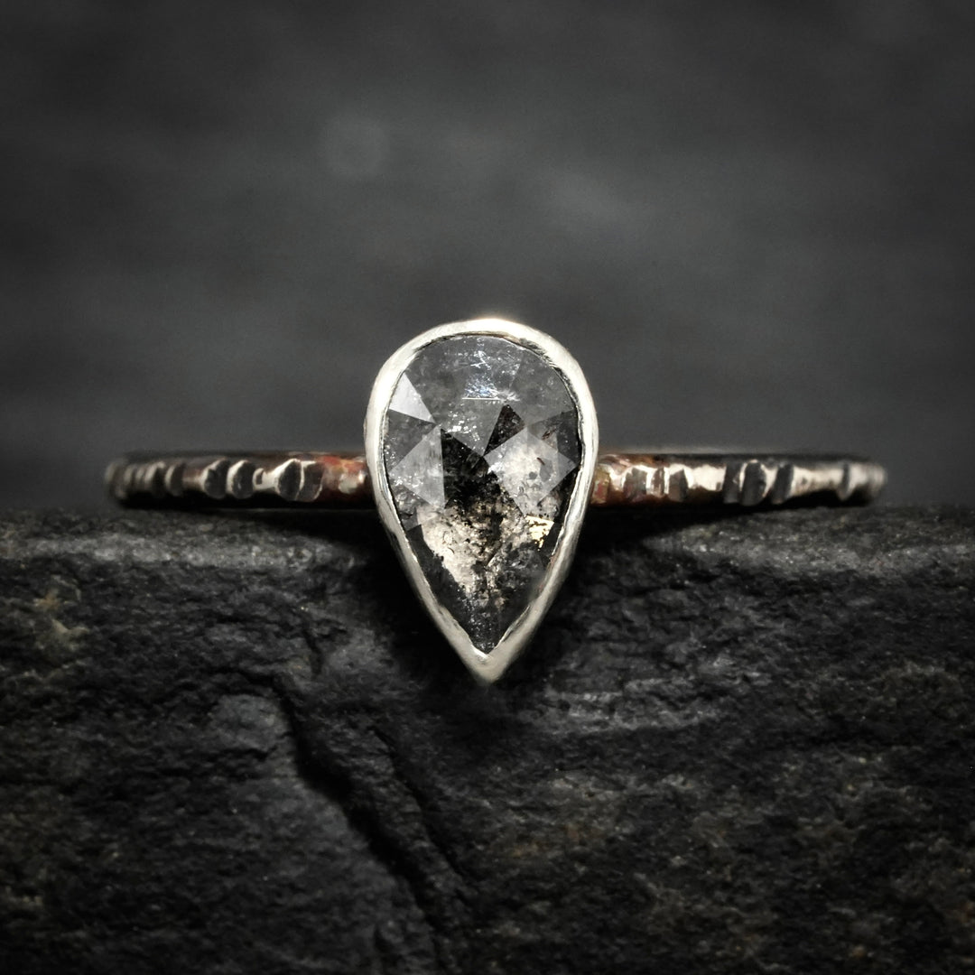 Pear Diamond Ring: RTS 14k Solid White Gold Bezel Set Salt and Pepper Galaxy Pear Shape Diamond Ring in US size 5 / UK size J 1/2