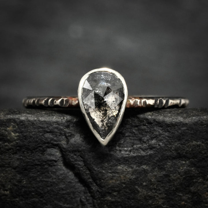 Pear Diamond Ring: RTS 14k Solid White Gold Bezel Set Salt and Pepper Galaxy Pear Shape Diamond Ring in US size 5 / UK size J 1/2