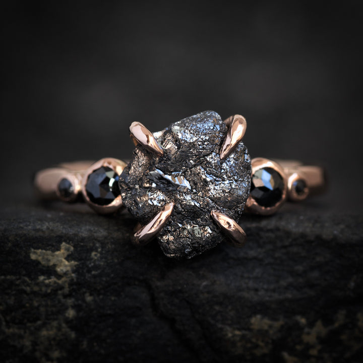 Black Diamond Ring: RTS 14k Solid Rose Gold 4 Prong Set 5 Stone Raw and Round Black Diamond Ring in US size 5.5 / UK size K 1/2