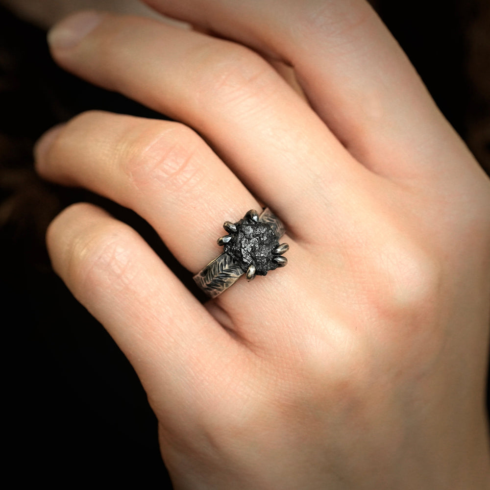 Wide Raw Black Diamond Ring