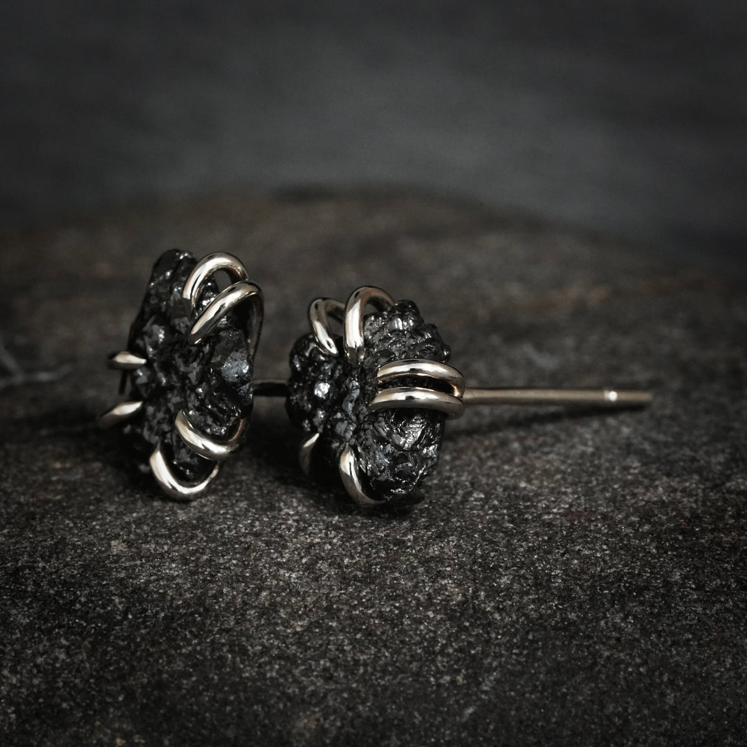 Custom Raw Black Diamond Stud Earrings.
