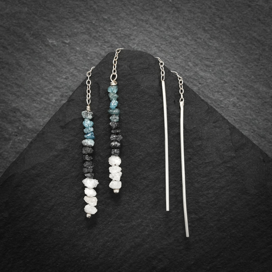 Blue, Black and White Sterling Silver Diamond Thread Earrings