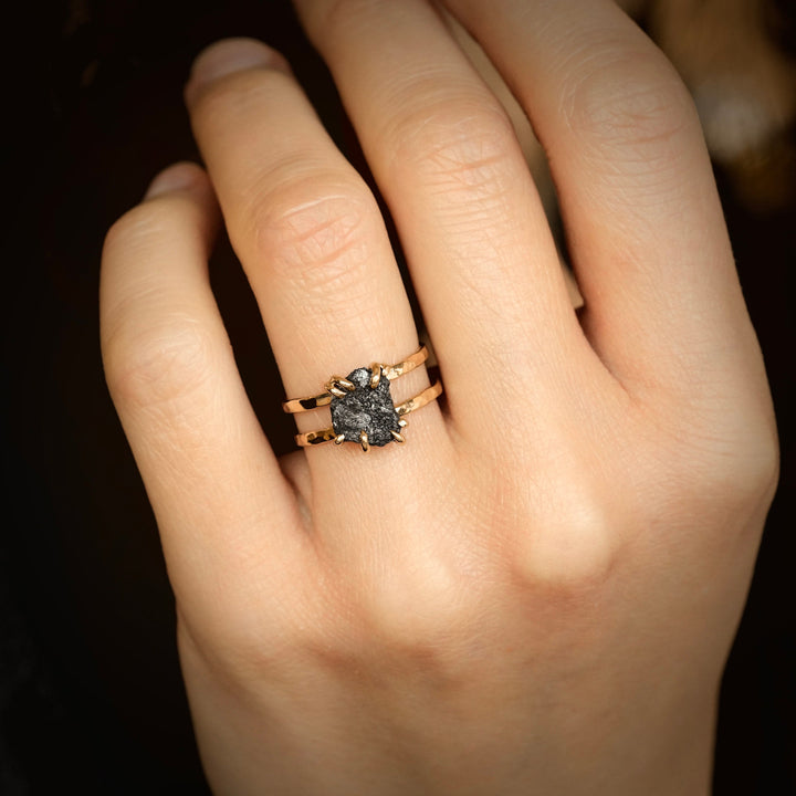 Black Diamond Ring: RTS 14k Solid Yellow Gold 8 Prong Set Raw Uncut Black Diamond Double Band Ring in US size 5.25 and 7