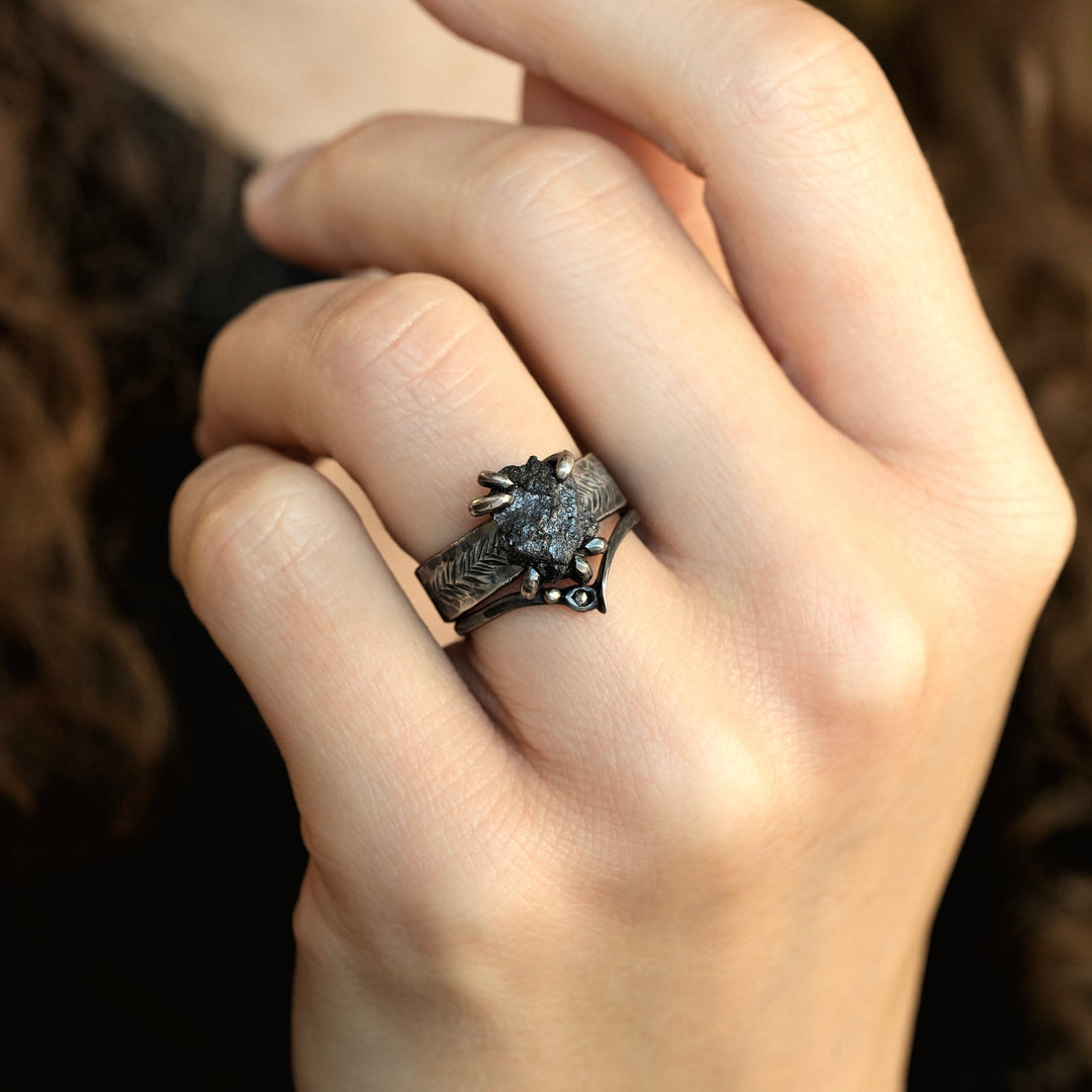 Wide Raw Black Diamond Ring