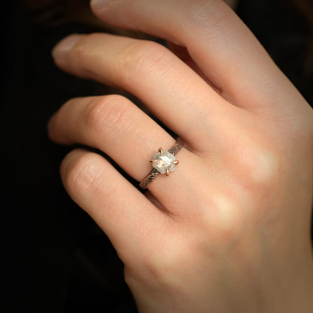 Hexagon Diamond Ring: RTS Solid 14k Rose Gold Natural 4 Prong Set Hexagon Shape White Salt and Pepper Diamond Ring in US size 5.25