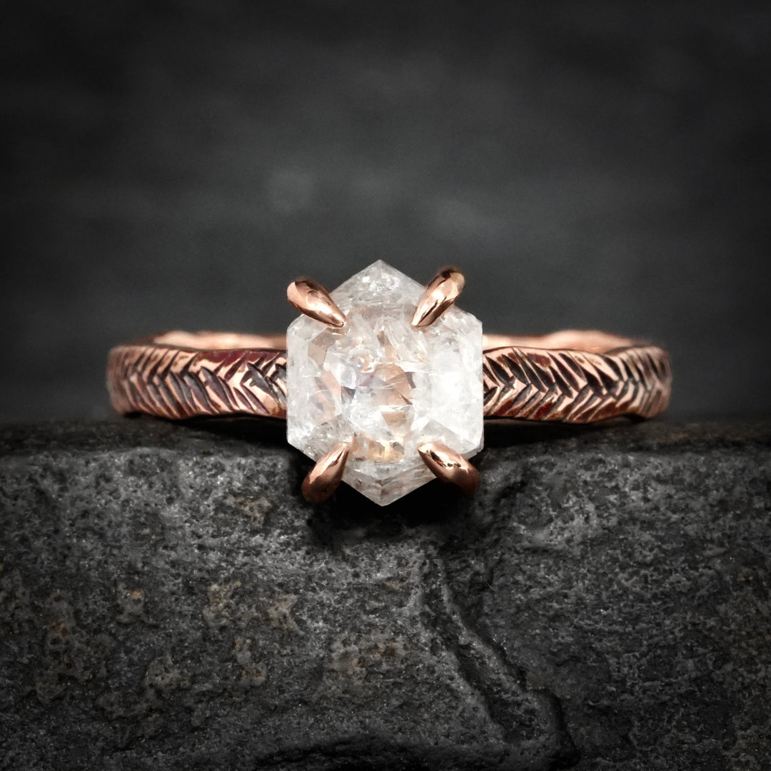 Hexagon Diamond Ring: RTS Solid 14k Rose Gold Natural 4 Prong Set Hexagon Shape White Salt and Pepper Diamond Ring in US size 5.25
