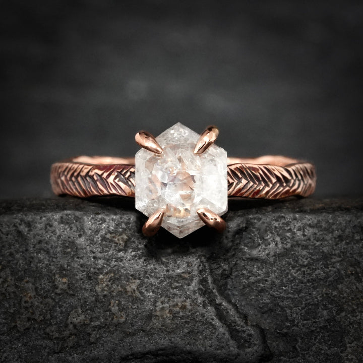 Hexagon Diamond Ring: RTS Solid 14k Rose Gold Natural 4 Prong Set Hexagon Shape White Salt and Pepper Diamond Ring in US size 5.25