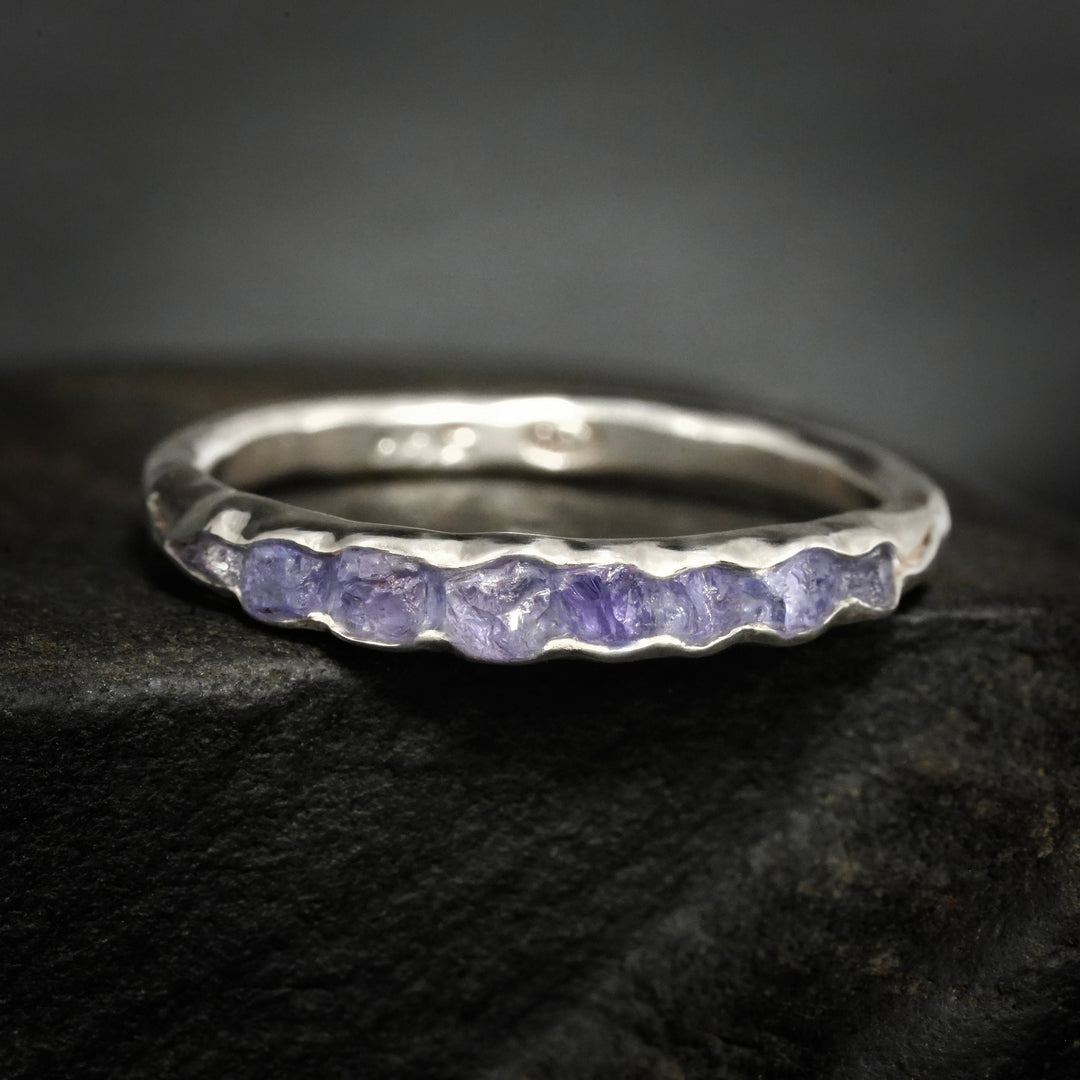 Raw Tanzanite Band: RTS Solid Sterling Silver Bezel Set Raw Uncut Natural Tanzanite Band Ring in US size 5-6.25