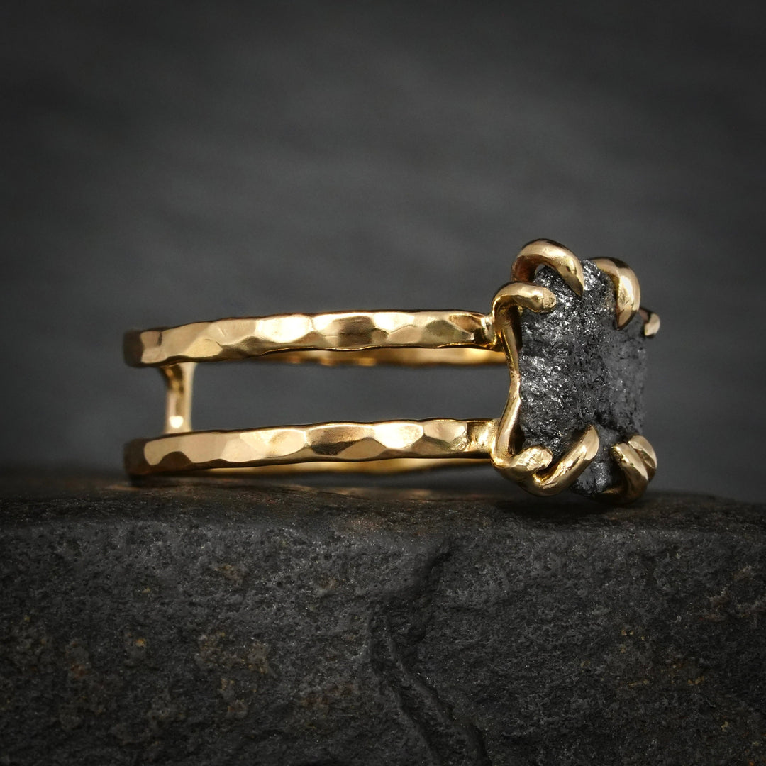 Black Diamond Ring: RTS 14k Solid Yellow Gold 8 Prong Set Raw Uncut Black Diamond Double Band Ring in US size 5.25 and 7