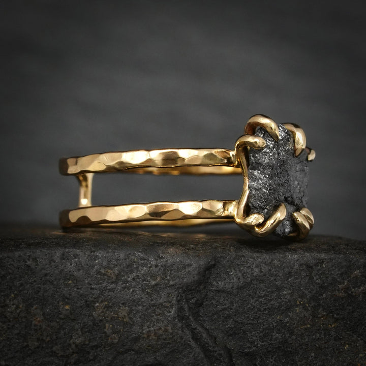 Black Diamond Ring: RTS 14k Solid Yellow Gold 8 Prong Set Raw Uncut Black Diamond Double Band Ring in US size 5.25 and 7