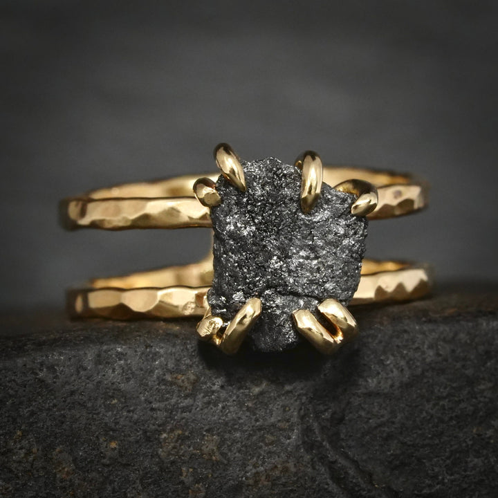 Black Diamond Ring: RTS 14k Solid Yellow Gold 8 Prong Set Raw Uncut Black Diamond Double Band Ring in US size 5.25 and 7
