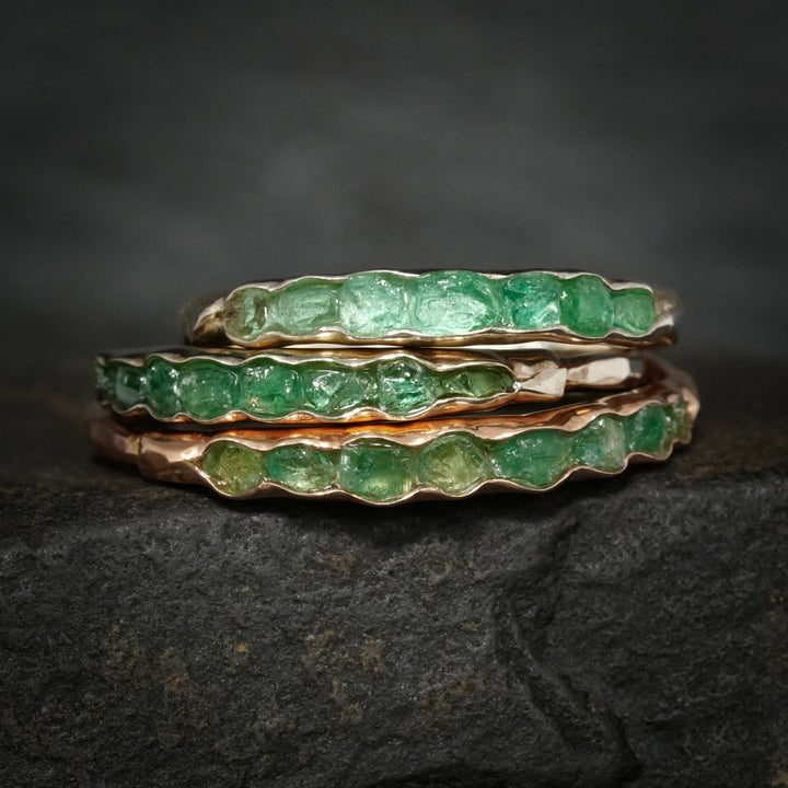 Raw Emerald Ring: RTS Solid Silver or Gold Raw Uncut Natural Raw Rough Uncut Light Green Emerald Stackable Band Rings in US size 5.5-9.5