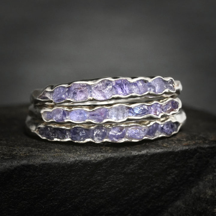 Raw Tanzanite Band: RTS Solid Sterling Silver Bezel Set Raw Uncut Natural Tanzanite Band Ring in US size 5-6.25