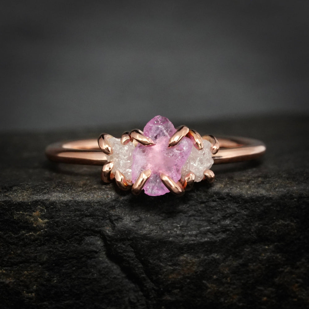 Pink Sapphire Ring: RTS Solid 14k Rose Gold Raw Uncut Pink Sapphire and Raw White Diamond 3 Stone Ring in US size 5 / UK size J 1/2