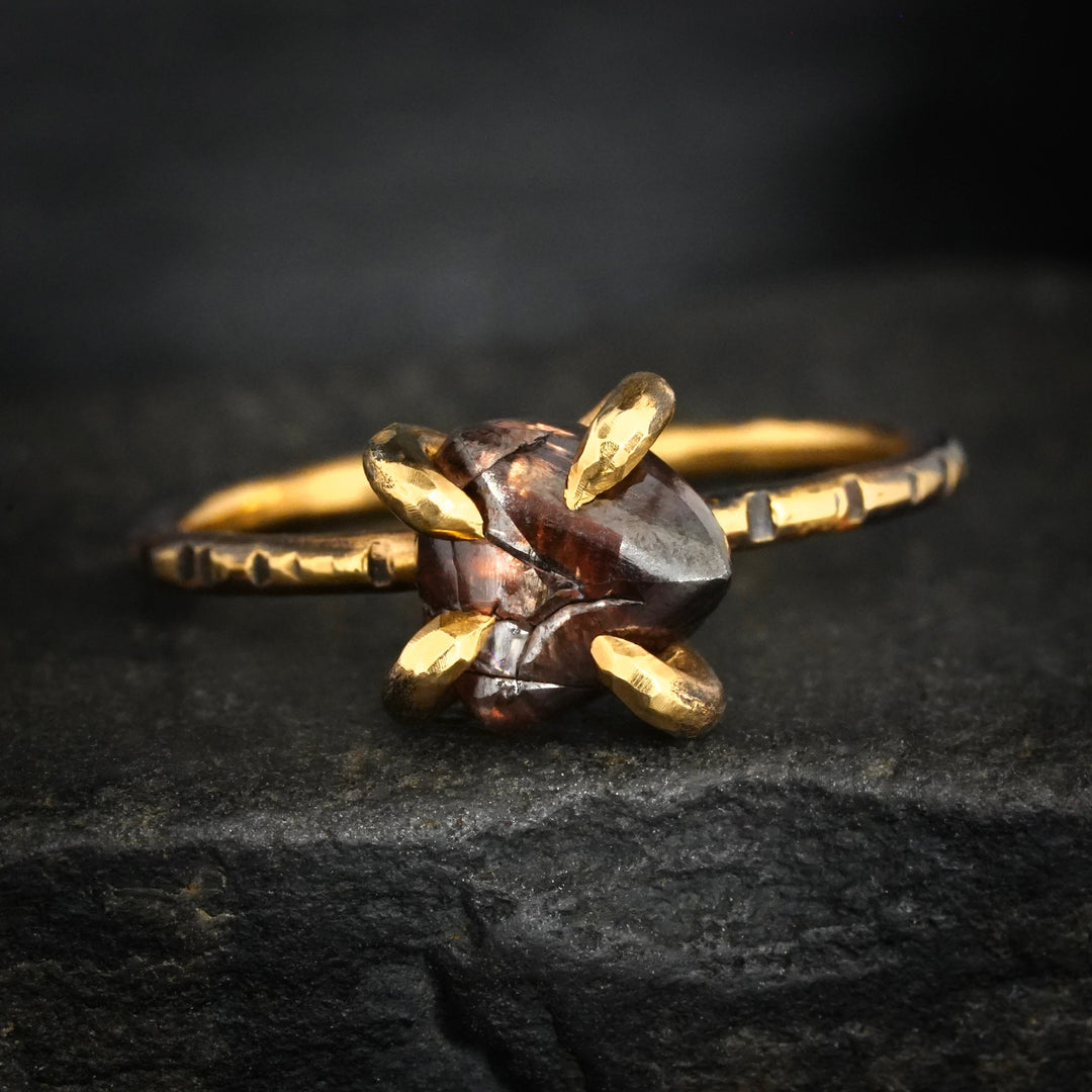 Brown Diamond Ring: RTS 18k Solid Yellow Gold Triangle Shape 4 Prong Set Brown Diamond Crystal Ring in US size 5 / UK size J 1/2