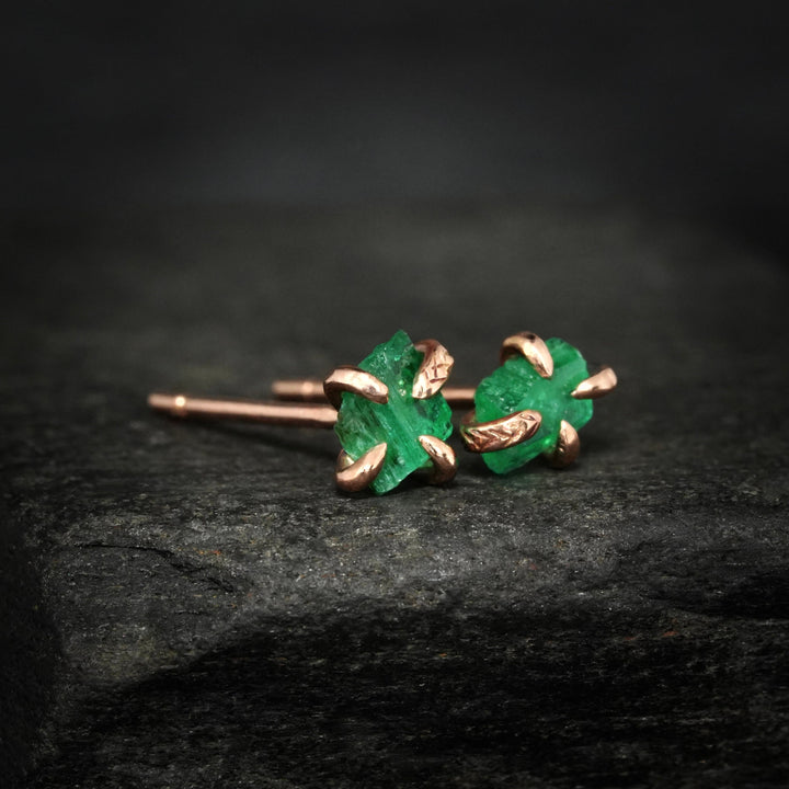 RTS 14k Rose Gold Raw Emerald Studs