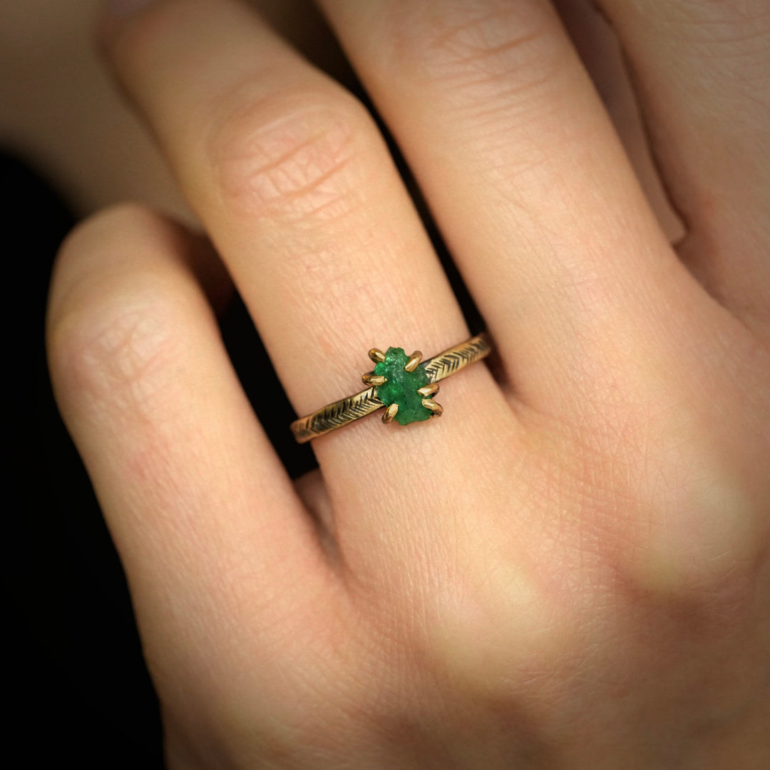 Raw Emerald Ring: RTS Solid 14k Yellow 6 Prong Set Natural Uncut Emerald Feather Band Ring on US size 5 / UK size J 1/2