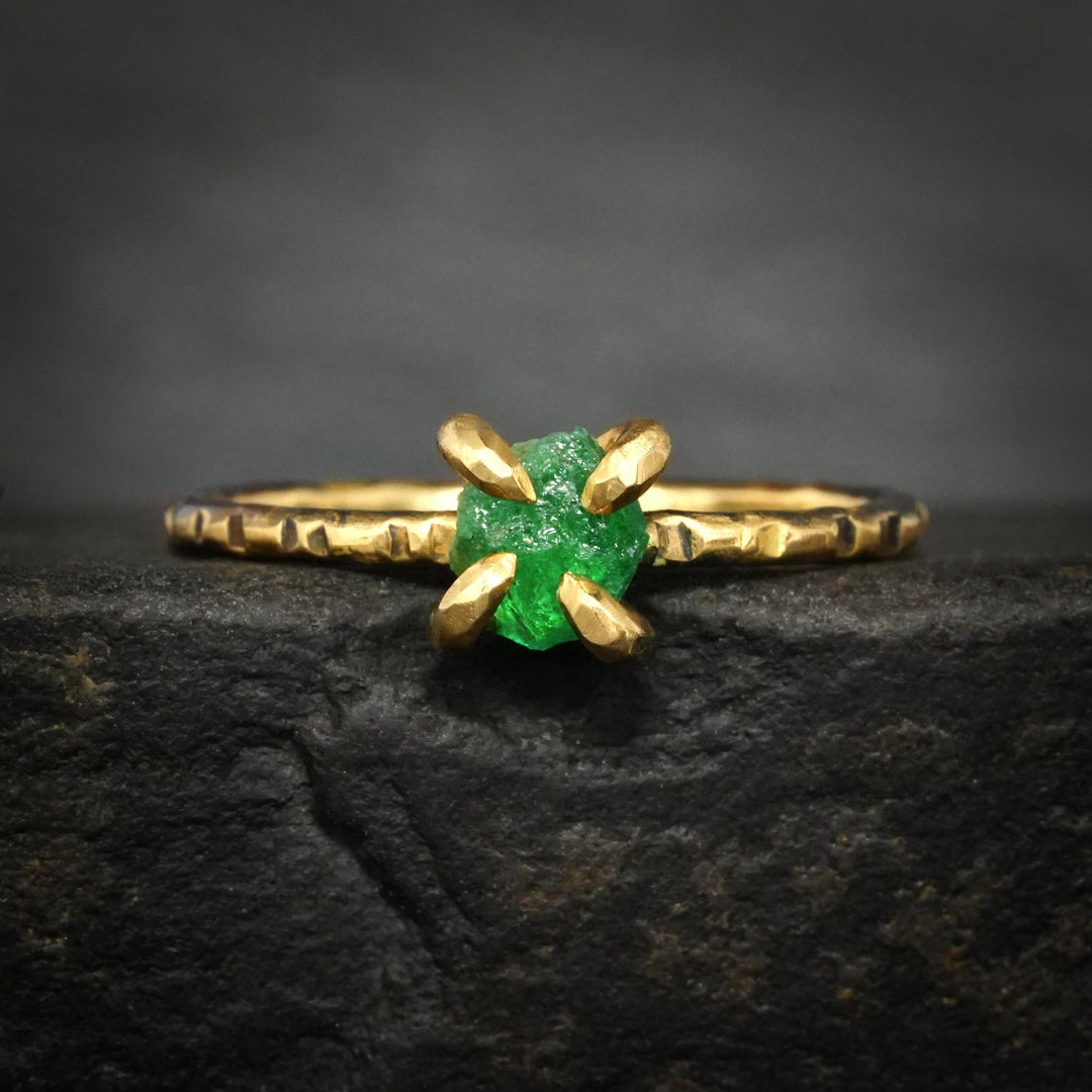 Raw Emerald Ring: RTS Solid 18k Yellow Gold 4 Prong Set Raw Uncut Natural Emerald Crystal Ring in US size 5.25 / UK size K