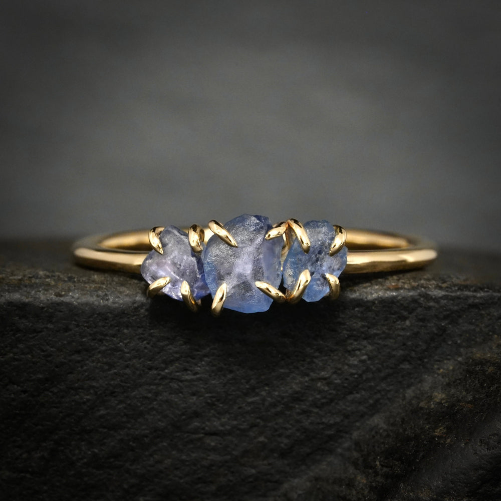 Raw Montana Sapphire 3 Stone Crystal Ring