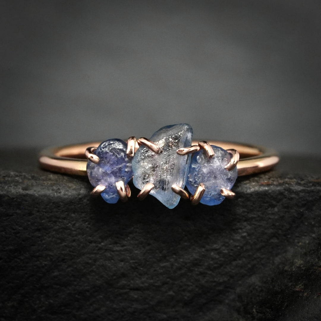 Raw Montana Sapphire 3 Stone Crystal Ring